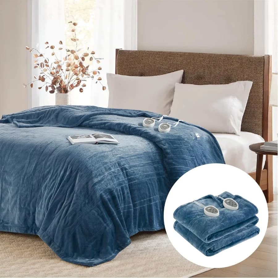 Coperta elettrica a grandezza naturale con controllo singolo con spegnimento automatico Coperta riscaldata in pile per letto Lavabile in lavatrice Blu 80Wx84L