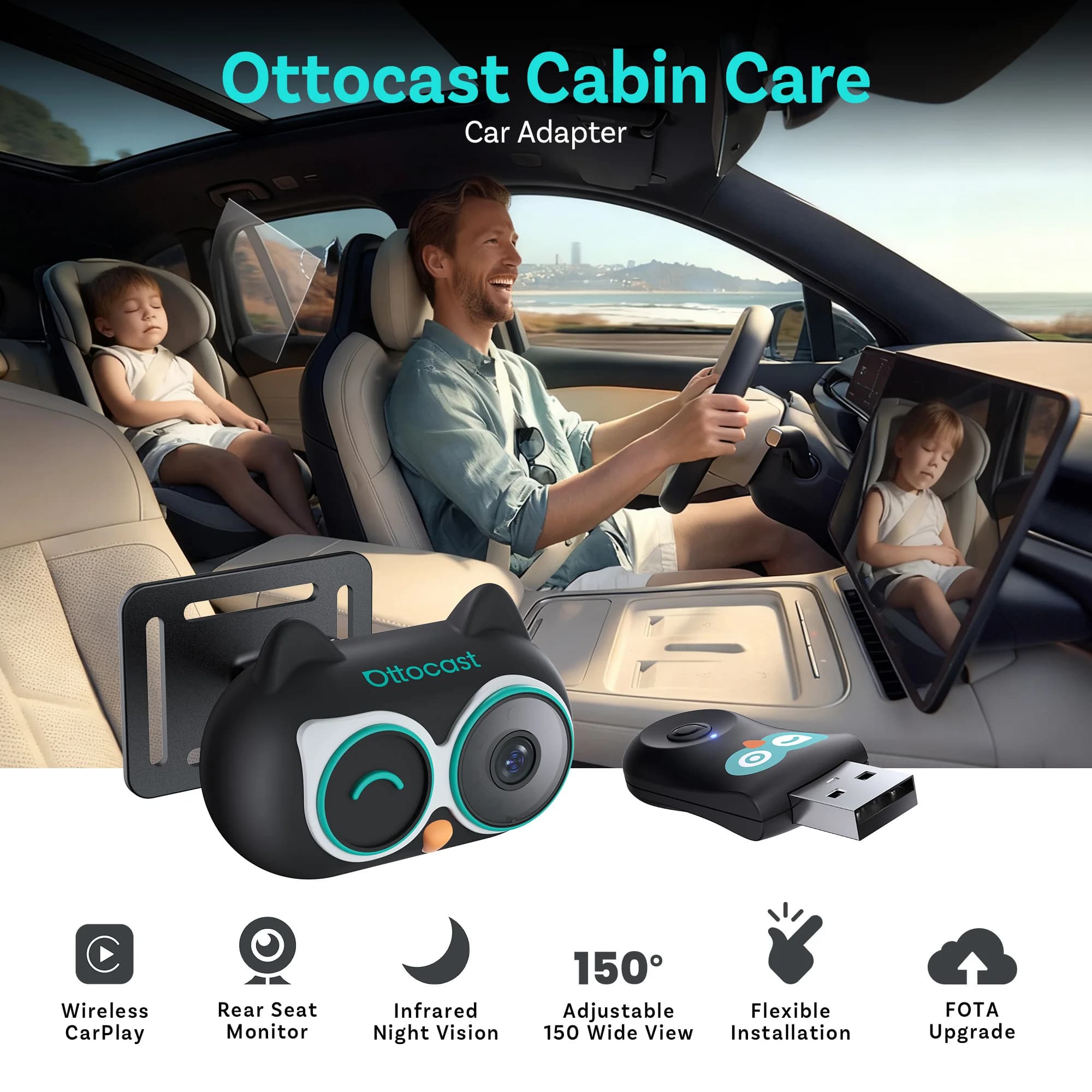 Ottocast Telecamera per Specchio per Auto 1080P Adattatore CarPlay Wireless Cura della Cabina per Animali Domestici Bambini per Accessori Auto per iPhone