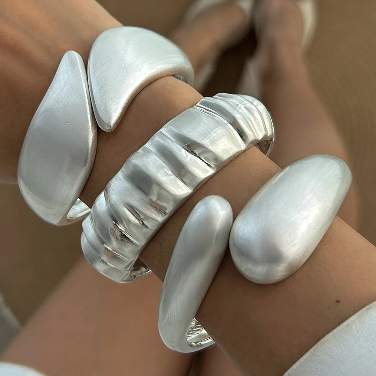 KMVEXO Exaggerated Matte Silver Color Bangles Punk Irregular Geometric Bangles For Women Bracelets Men Accessories Jewelry