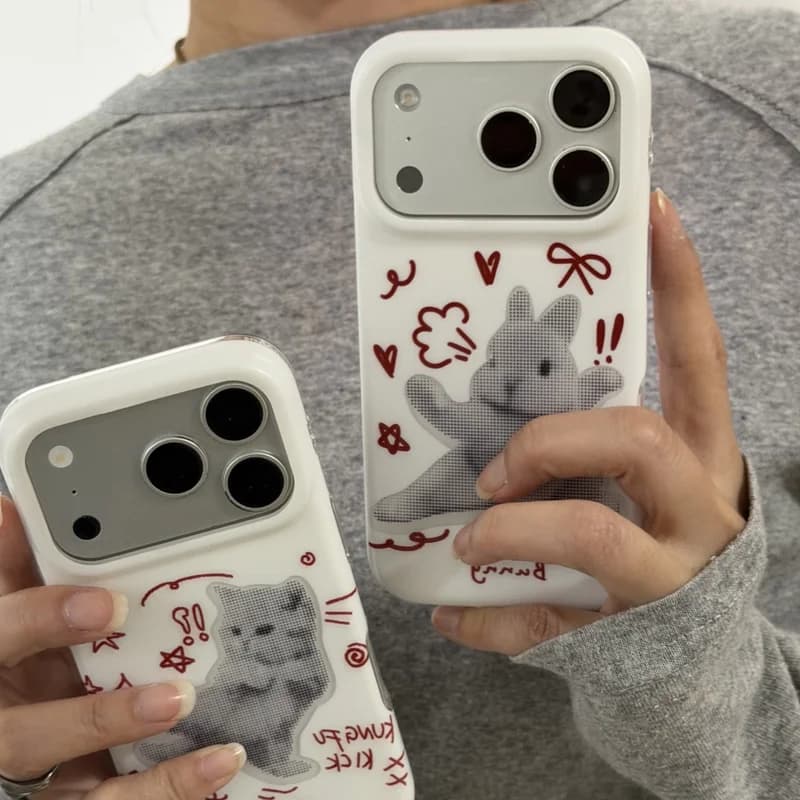 Korean Ins Red Line Star Cat Rabbit Stickers Phone Case For iPhone 17 AIR 16 15 14 13 12 11 PRO MAX PLUS Dustproof Cover