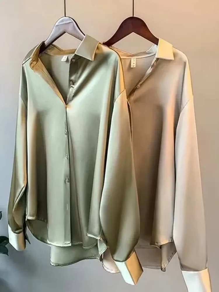 2026 Elegant Satin Loose Women Shirt Spring Turn-down Collar Ladies Blouse Autumn Vintage Casual Button Silk Tops