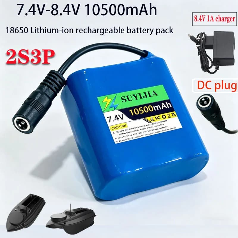 Batteria al litio ricaricabile 18650 7.4V 10500mAh 2s3p 8.4V con BMS integrato, adatta per luci da pesca, barche per esche, giocattoli telecomandati.