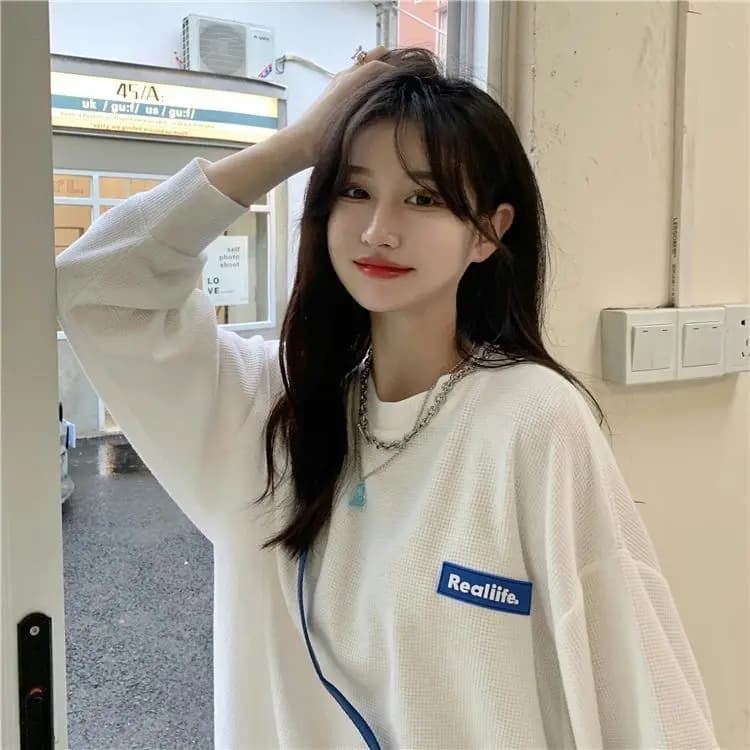 Loose Long Sleeve Hoodie Women's Spring Autumn New Style Student Slim Fit Overhead Jacket Polyester Spandex round Neck Commute