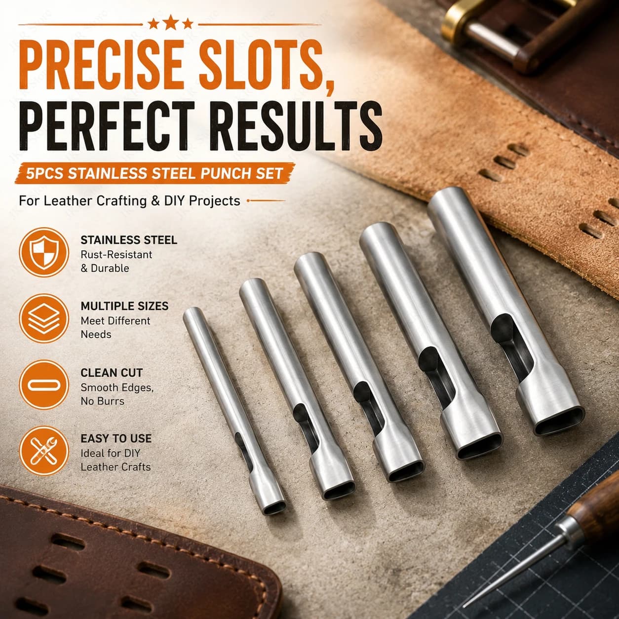 Leathercraft Oval Hole Punch Kit 5PCS Stainless Steel Punching Tools for Belt Making Bag Sewing Shoe Repair DIY Projects