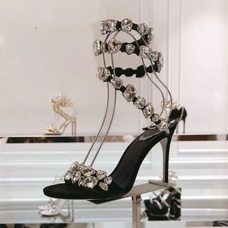 Scarpe eleganti Decorazioni con strass Cinturino elastico Tacchi alti sottili Sandali da donna Sandali intrecciati a forma di serpente Scarpe da festa estive