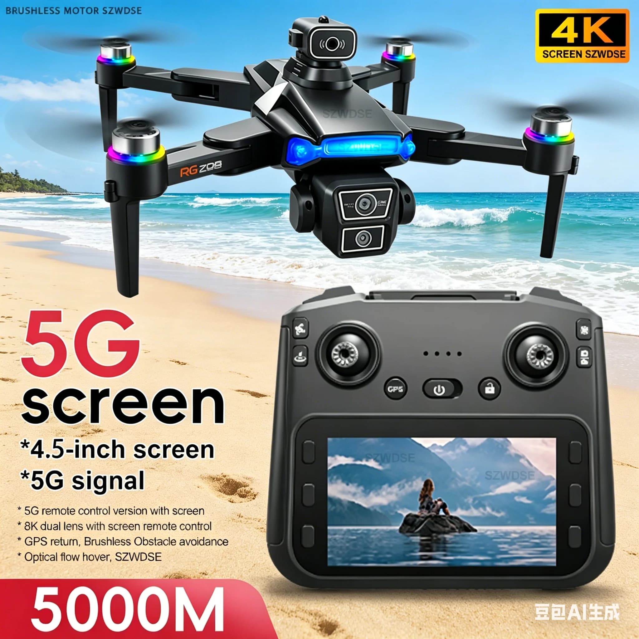 Drone GPS RG706 MAX con Doppia Fotocamera 4K Professionale, Quadricottero Pieghevole con Evitamento Ostacoli, WIFI FPV, Elicottero Giocattolo