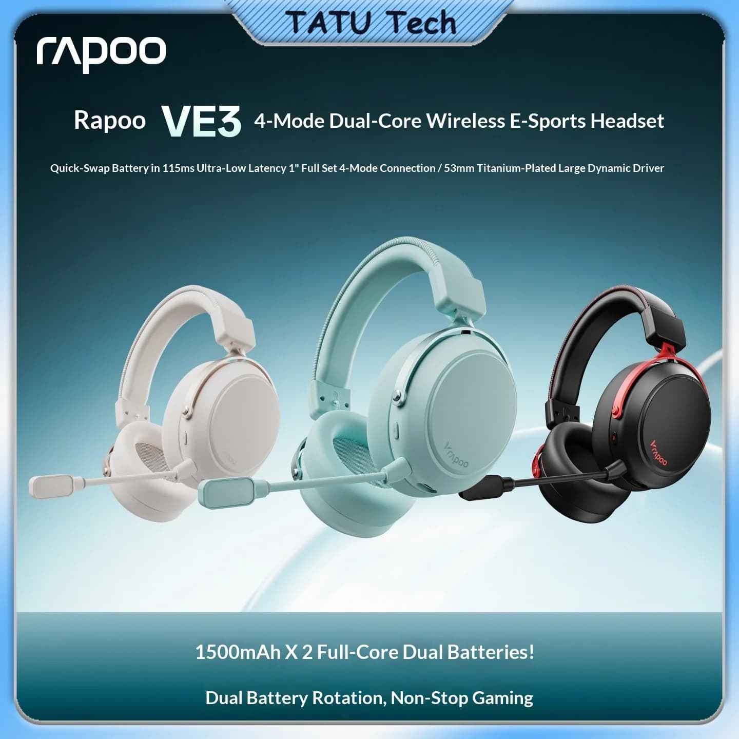 Rapoo VE3 Wireless Gaming Headset Four Mode Bluetooth Headphone Swappable Battery With Microphone For Delta Force Valorant