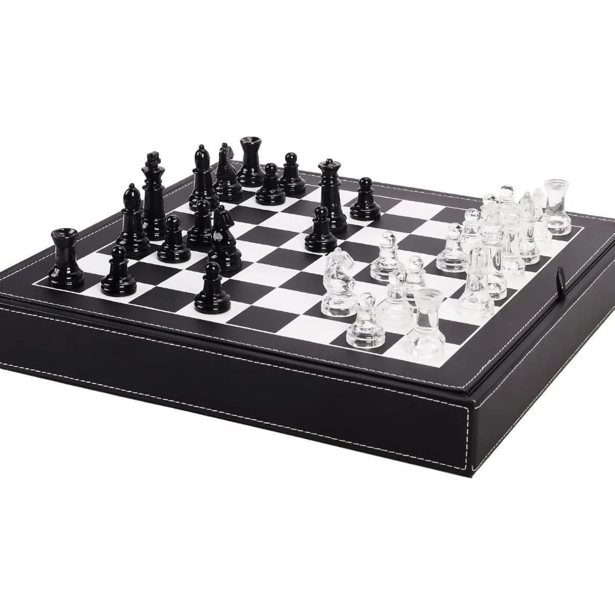 Gioco di scacchi in vetro, 2 regine extra, con scatola portaoggetti in pelle da 13,2"/33,5 cm e scacchiera, gioco da tavolo per adulti