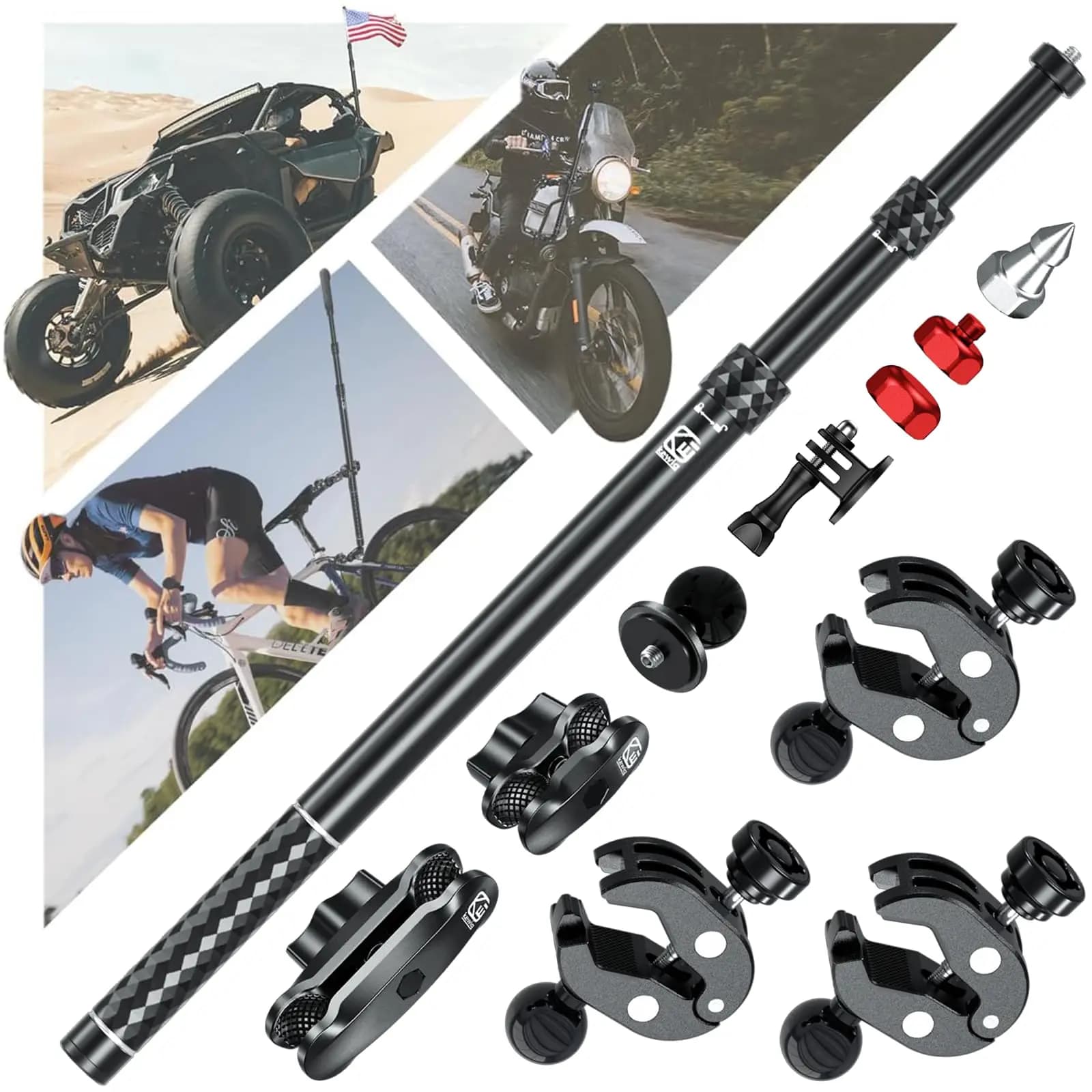 Kit di montaggio per fotocamera per moto in lega di alluminio per GoPro Insta360 DJI, bastone selfie allungabile con morsetto antifurto per carichi pesanti per bici