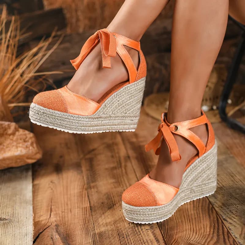 New 2026 Women's Color Block Round Toe Espadrille Wedge Sandals Comfortable And Female Peep Toe Summer Flat Hollow Lace-Up Shoes