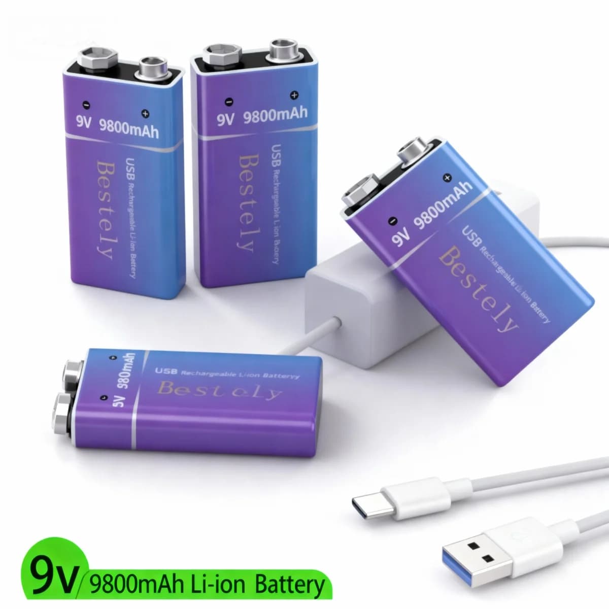 Nuova batteria ricaricabile agli ioni di litio da 9 V 9800 mAh di lunga durata con cavo per rilevatore di fumo, allarmi, batteria per microfono