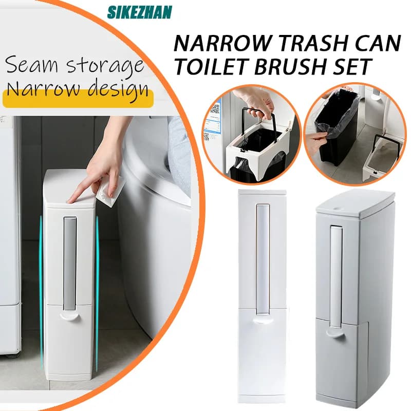 Set di spazzole per WC con bidone della spazzatura per design stretto, cestino per la spazzatura da cucina, cestino per il bagno, cintura per scopa per WC, strumenti per la pulizia della casa