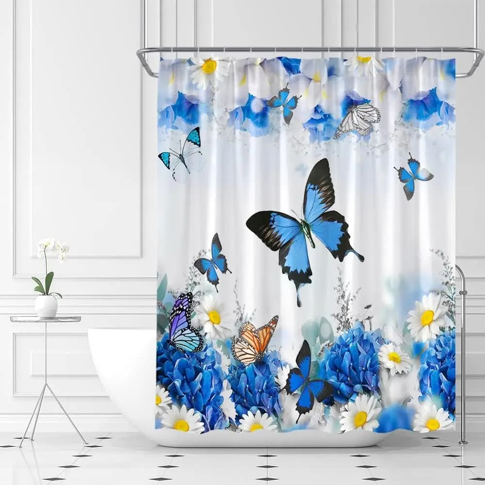 Fiore Farfalla Tenda da doccia Farfalle floreali blu Primavera Natura Sogno Fantasia Tessuto Tende da bagno Set di decorazioni con gancio
