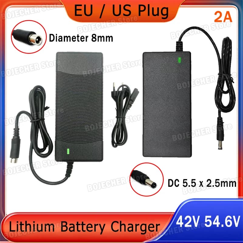 Caricabatteria al litio 42V 54.6V 2A DC 5.5mm Diametro 8mm Spina AC 100-240V DC 36V 48V 2A Adattatori di alimentazione batteria Spina UE USA