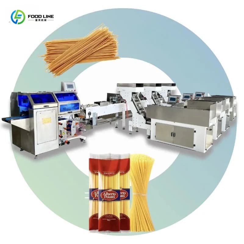 Linea di confezionamento automatica personalizzata per pasta secca, macchina automatica per pesatura, riempimento e confezionamento di spaghetti e pasta.