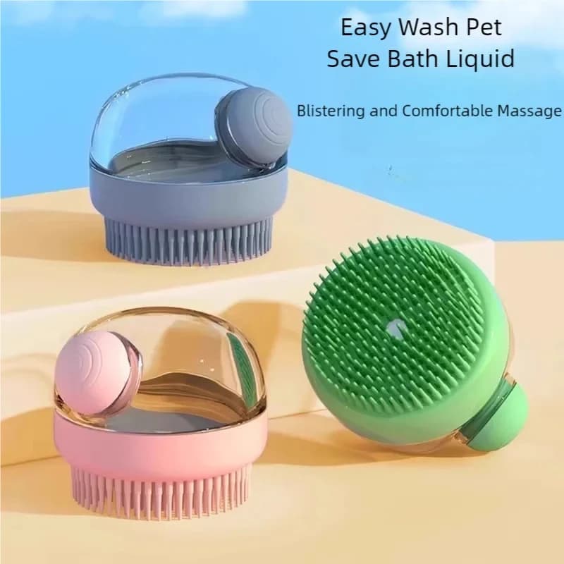 Spazzola da bagno per animali domestici in silicone morbido 1PC con dispenser di shampoo incorporato Strumento per toelettatura per massaggio delicato per la pulizia della pelliccia dei peli di cani e gatti