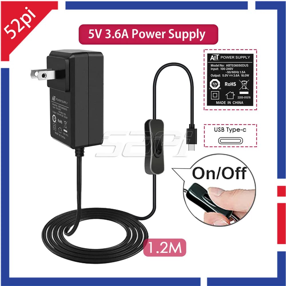 Power Adapter 52Pi 5V 3.6A with Switch-on/off cable EU/US/UK plug charger for Raspberry Pi 4B / 3B / 3B +/3B Plus