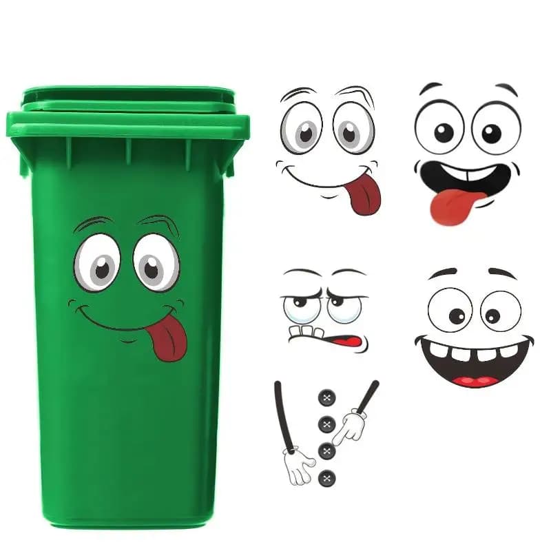 4 adesivi per bidone della spazzatura con faccina di cartone animato, autoadesivi, impermeabili, in PVC, con finitura lucida, per pareti, WC, frigorifero, interni ed esterni