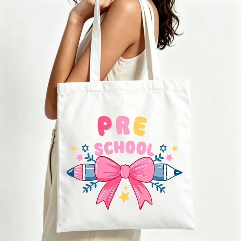 pre school letter print canvas tote bag with bow and pencil graphic, perfect for daily use and casual outings