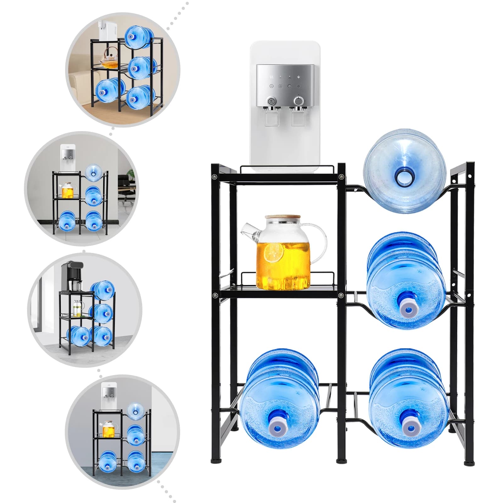 Scaffale a 3 livelli per secchielli d'acqua con 2 ripiani portaoggetti per bottiglie d'acqua e decorazioni, salvaspazio per il soggiorno