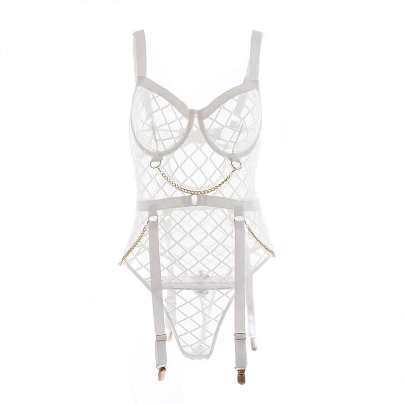 Lingerie Sexy Femminile, Body in Rete con Bretelle, Completo Sexy da Donna con Catene, Trasparente in Pizzo, Body Erotico Sissy, Collant Sexy