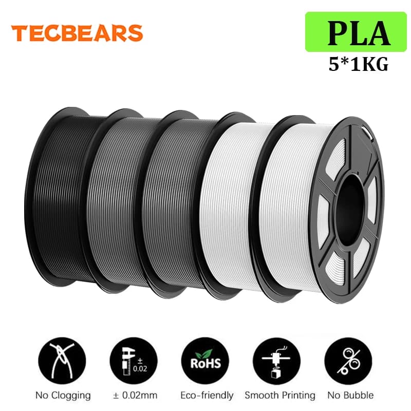 TECBEARS 3D Filament 1.75mm PLA/PLA+/PETG/HSMPETG/ABS 5KG Neatly Wound Black/White/Gray Color FDM 3D Printer Materials DIY Gift