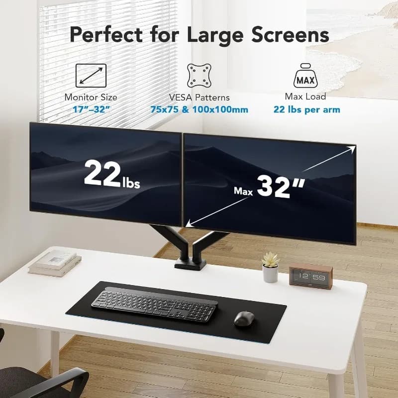 Aluminum Alloy Dual Monitor Arm Desk Mount, Rotating & Extendable Gas Spring Stand for 17-32" Screens, Ergonomic Workstation