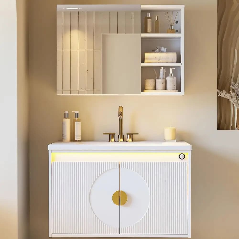 loating Vanity bathroom with sink, mirror medicine cabinet, LED light strip, 30 inch Ern wall washbasin and CabiSe mirror