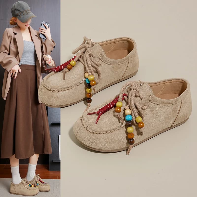 2026 New Spring & Autumn Women Lace-Up Beaded Casual Shoes, Suede Retro Round Toe Loafers, Lightweight Anti-Slip Daily Footwear