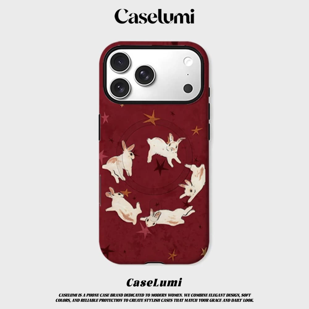 Cover CaseLumi Opaca Antiurto per iPhone 17 16 15 14 Plus Pro Max con Bumper per MagSafe, in PC Rigido, Sfondo Rosso, Coniglio e Stelle