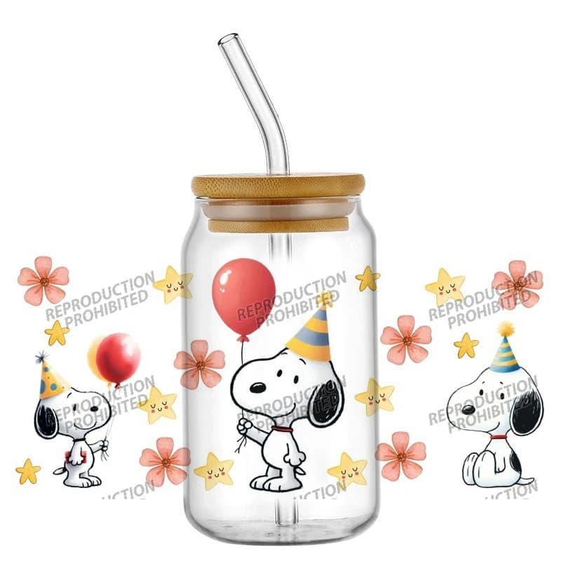16oz UV DTF decorative 3D stickers with print of a cute dog celebrating birthday, for glasses, cups, DIY, creative crafts.