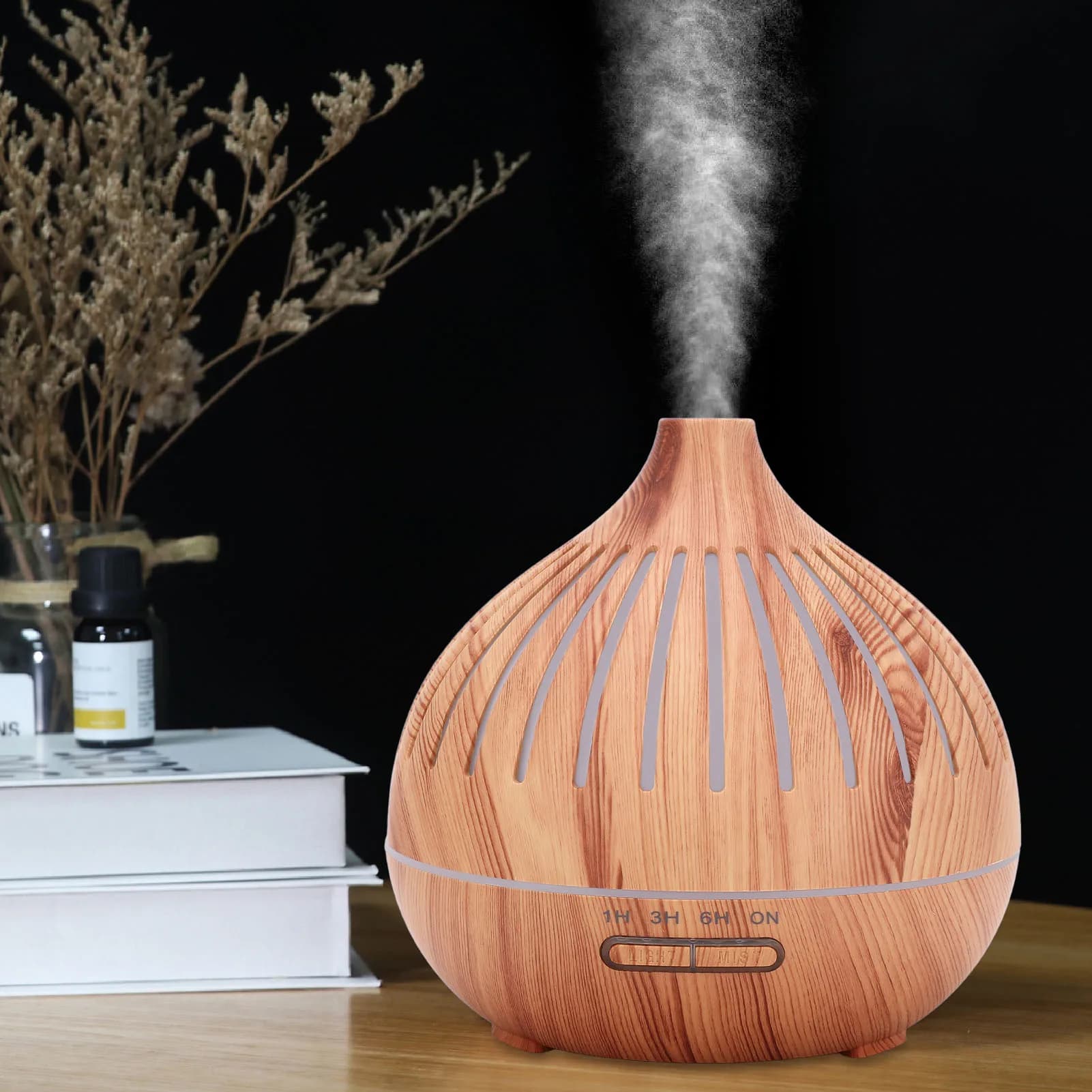 Umidificatore diffusore di oli essenziali con luci colorate Grano di legno Telecomando silenzioso Timer di spegnimento automatico Spina americana da 400 ml