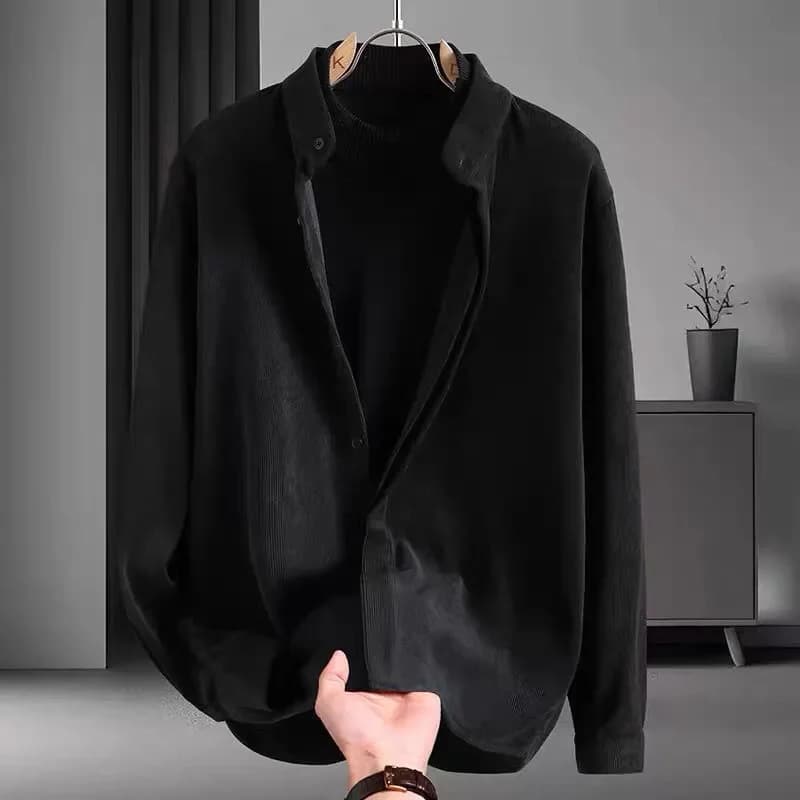 Camicia da uomo a maniche lunghe in velluto a coste nero, colletto alla coreana, camicetta casual ampia abbottonata