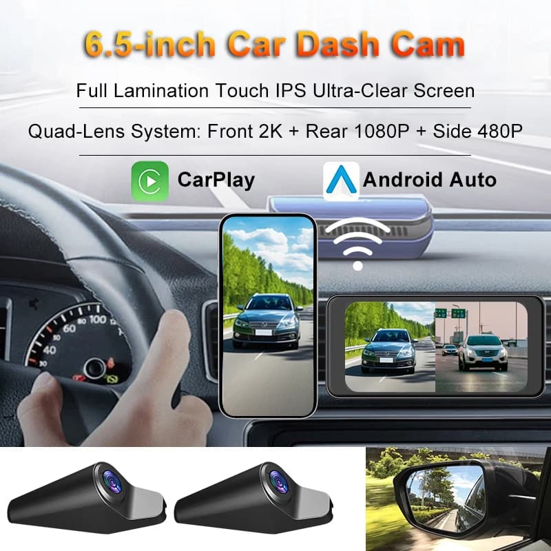 Dash Cam for Car from 6.5 Inch 2K with CarPlay and Android Auto, HD Recorder with Night Vision, Loop Registration, Assembly on Air Mouth, Navigation