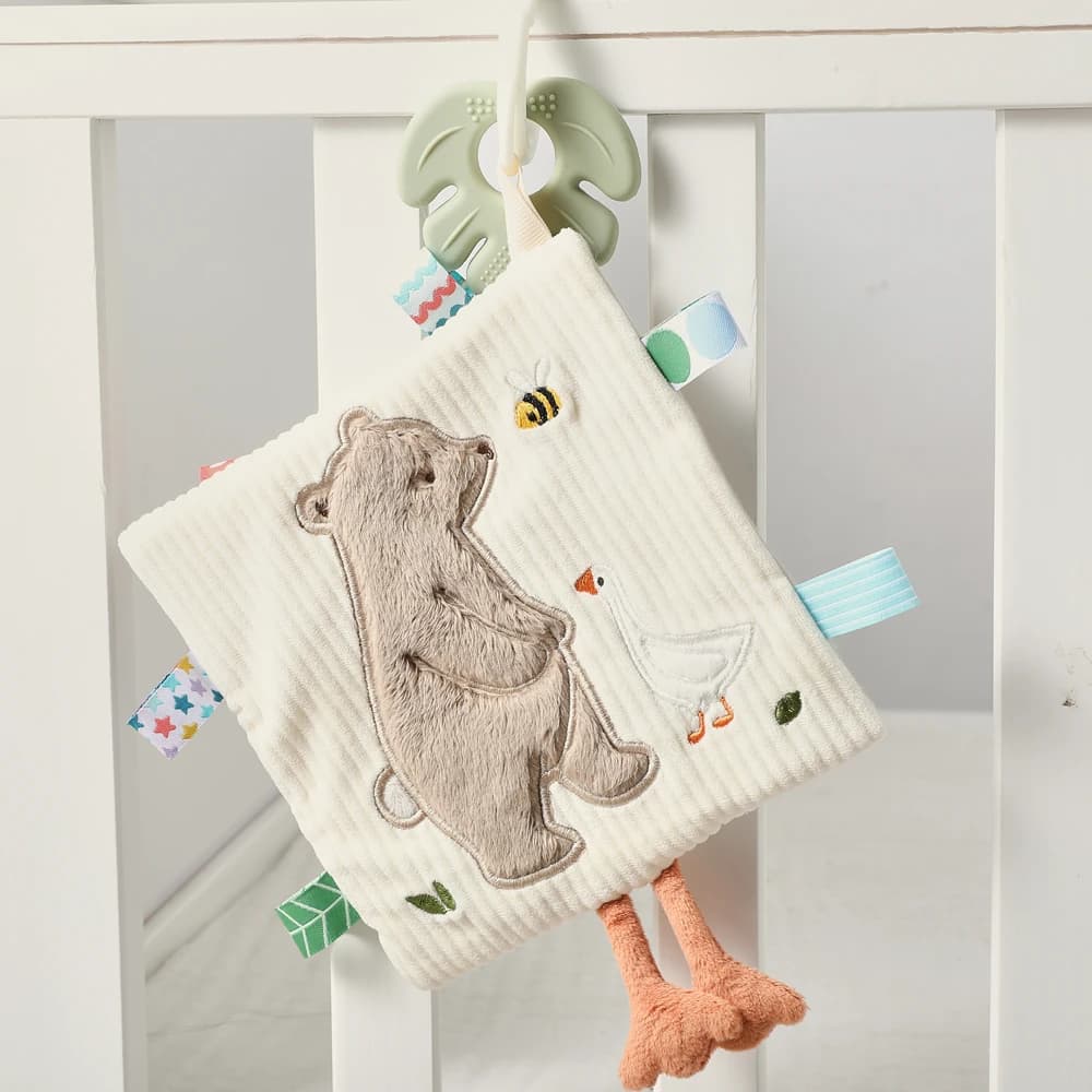 Bear and Duck Security Blanket Double Sided Detachable Silicone Teether Press to Sound Textured Ribbon Sensory Baby Toys Gifts