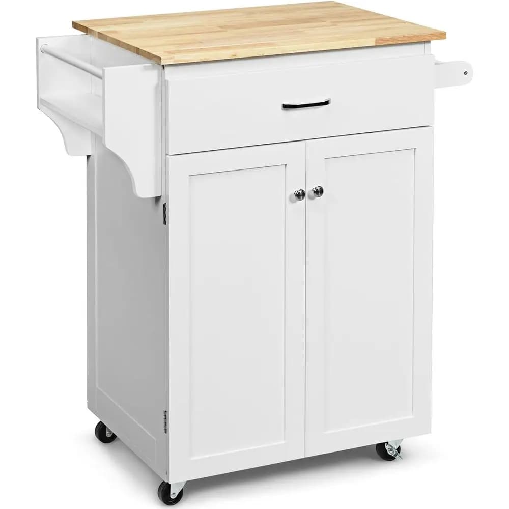Carrello da cucina compatto con piano in legno massello, portaspezie e portasciugamani, bianco