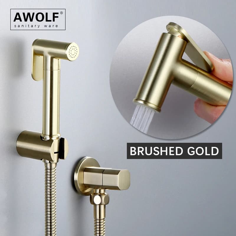 Doccetta Bidet Awolf per WC, Doccia Igienica in Ottone Spazzolato Oro, Shattaf per Bagno AP2340