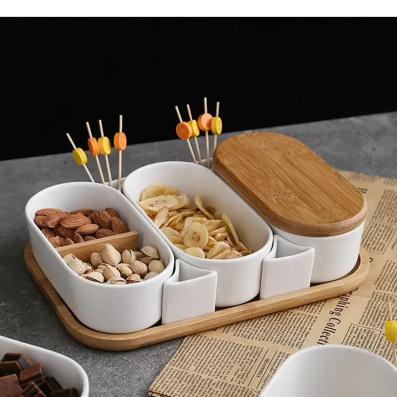 Ceramic Fruit Plate Compartment Snack Candy Dried Nut Storage Tray Home Platter Dim Sum Boxes