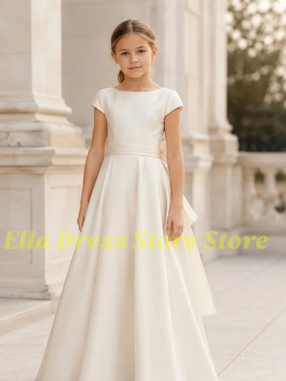 Wholesale White Flower Girl Dresses for Wedding with Bow Short Sleeves Girl Birthday Gowns for First Communion Gowns Customized