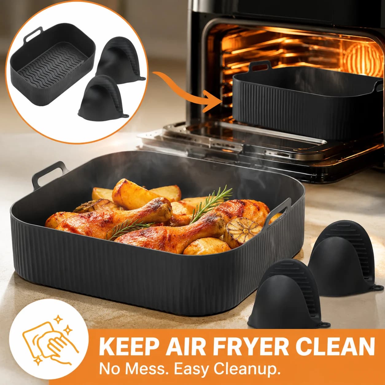 2 Set Air Fryer Silicone Liner Food Grade Non Stick Heat Resistant Reusable Baking Basket Rectangle Tray for Oven Microwave