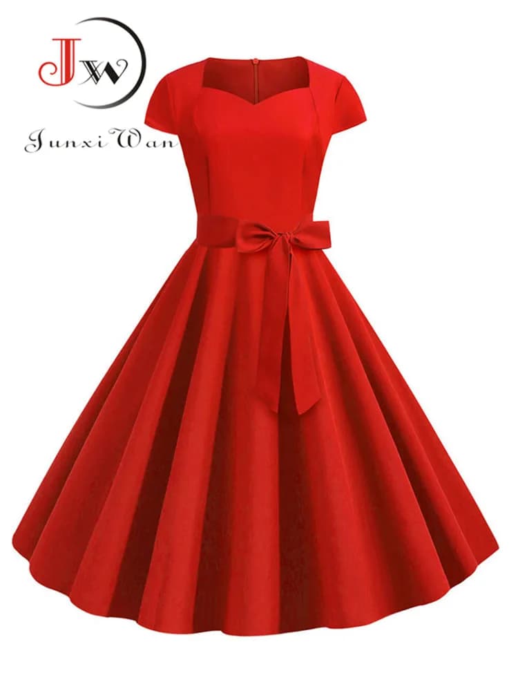 Summer Vintage Dress Women Solid Red Square Collar Retro Rockabilly Party Dresses Belt Robe Femme