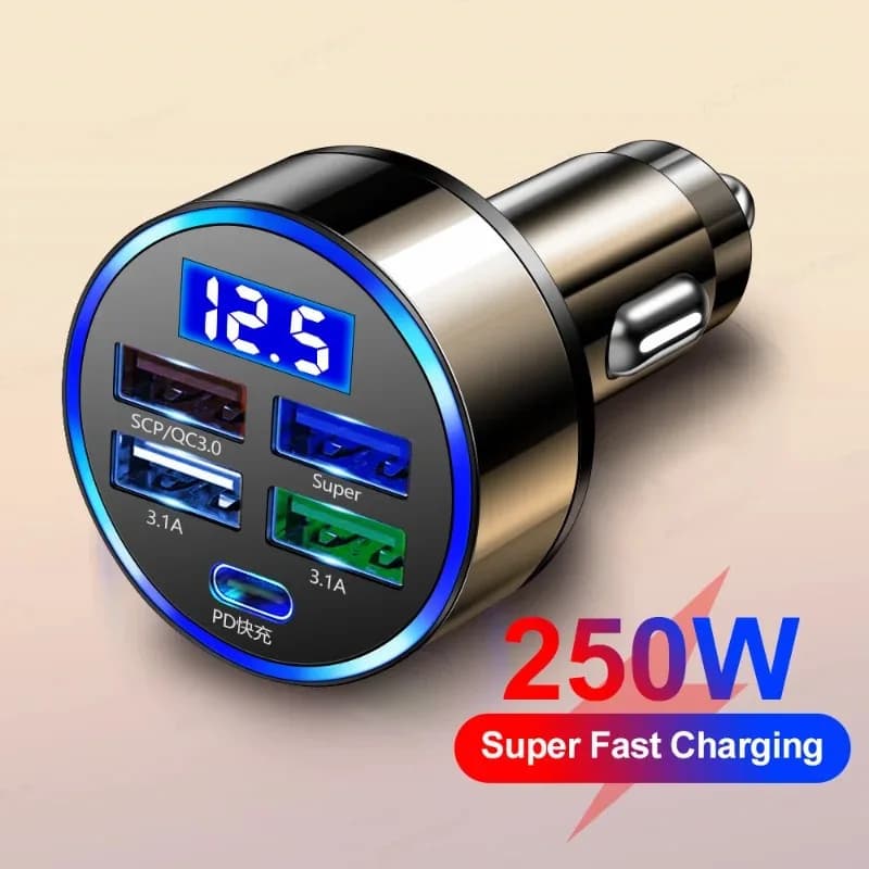 Caricabatteria da auto a 5 porte tipo C PD QC3.0 USB 250W adattatore di ricarica rapida caricabatteria da telefono in auto per Huawei iPhone Xiaomi Samsung