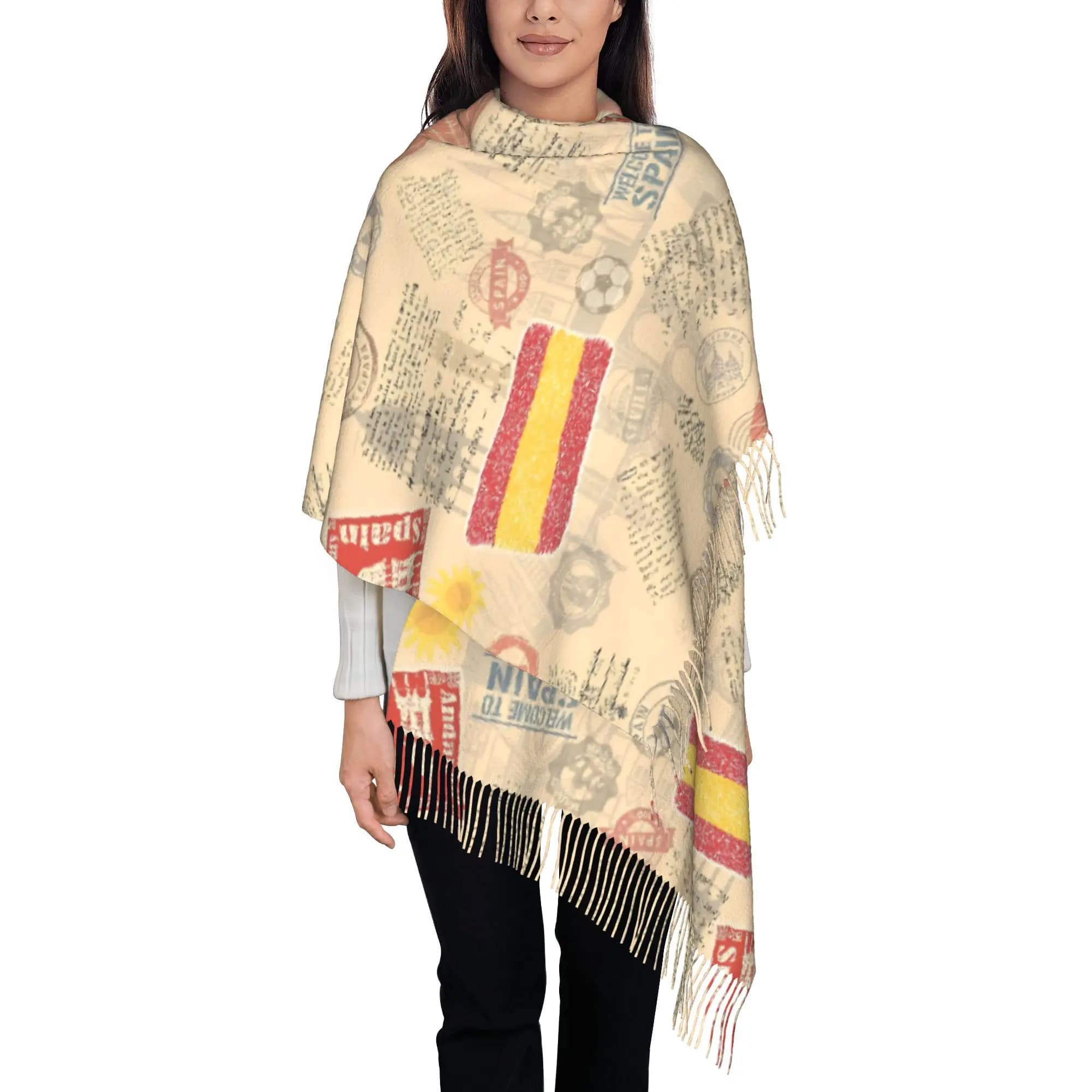 Unisex Autumn And Winter Fashion Tassel Scarf from World Travel Spain, Perfect for Leisure Trips, Cycling, And As Gifts