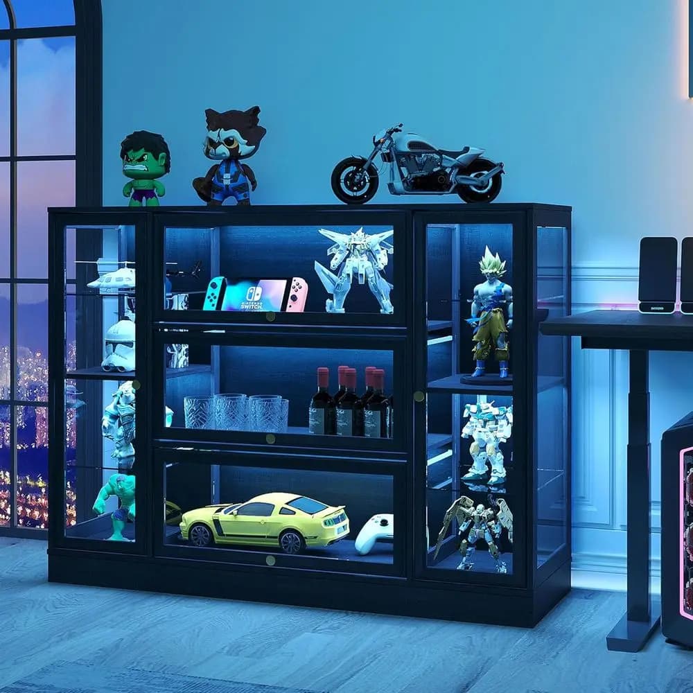 Vetrina Espositiva in Acrilico Nero Extra Larga con Illuminazione LED per Collezioni e Giocattoli
