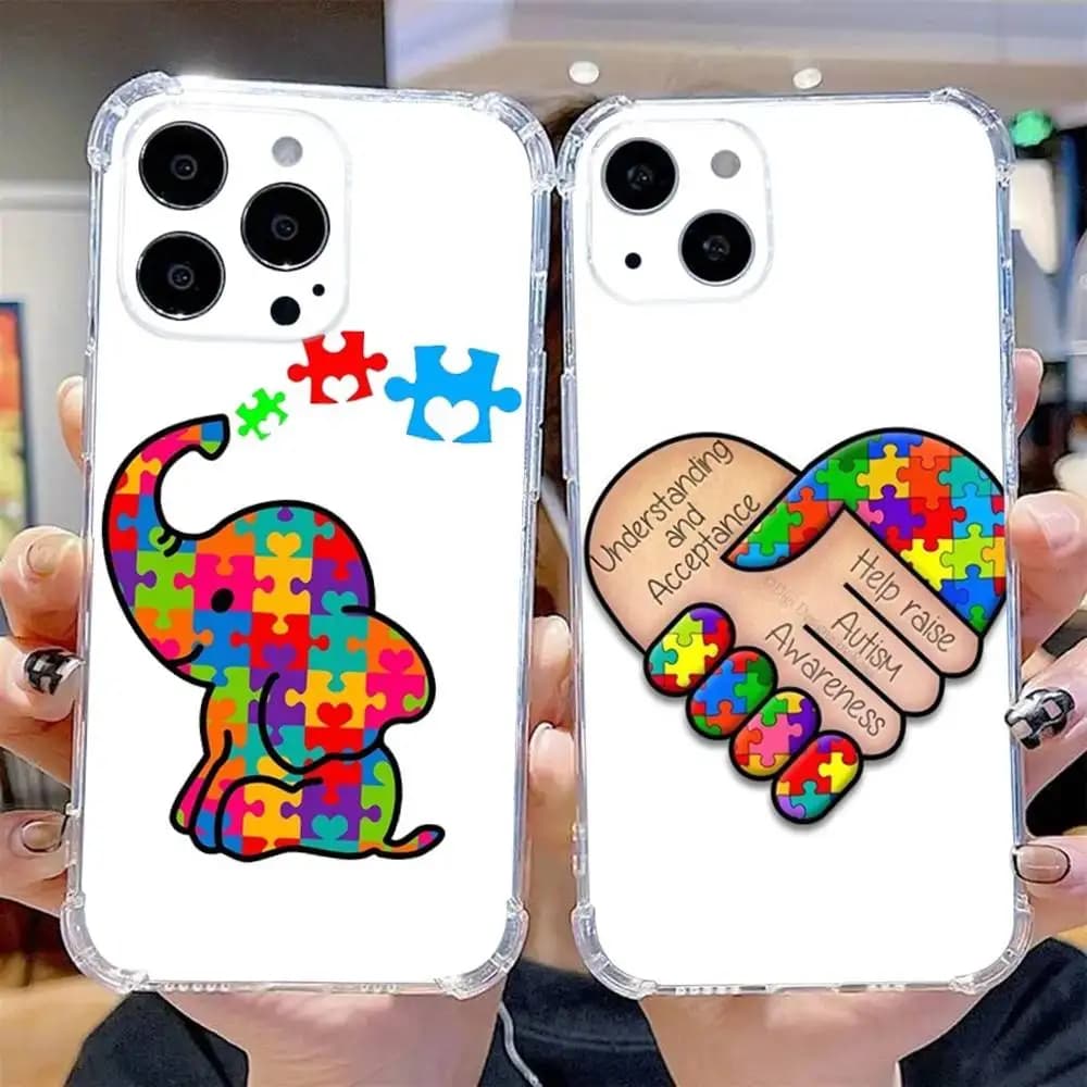 Custodia per telefono Puzzle per la consapevolezza dell'autismo per iPhone 16,15,14,13,12,11 Pro,Max,Plus,X,XS,XR,SE,Mini morbido silicone trasparente