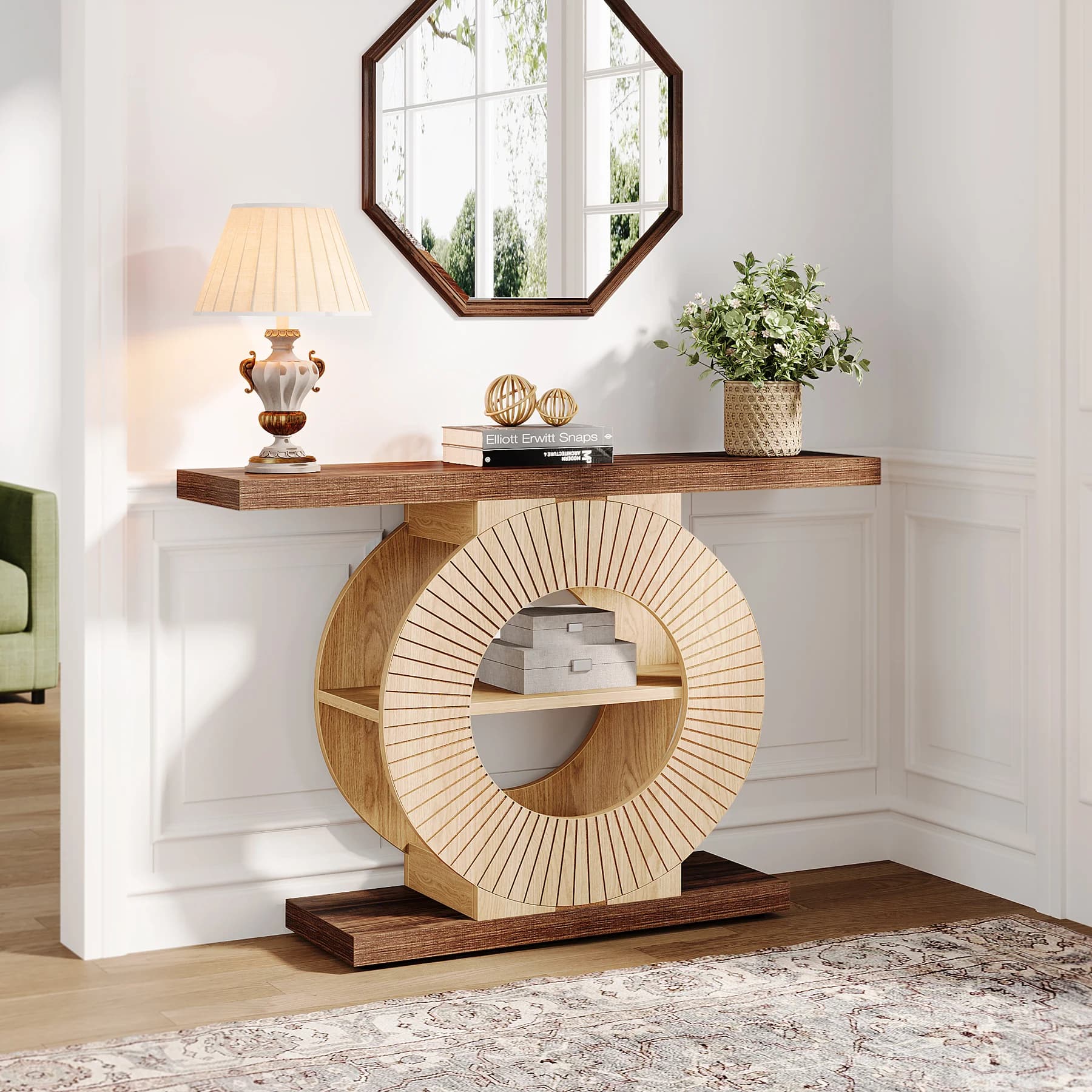 Tribesigns Console Table with Storage, Entryway Sofa Table with Shelves and Circle Base for Living Room Hallway