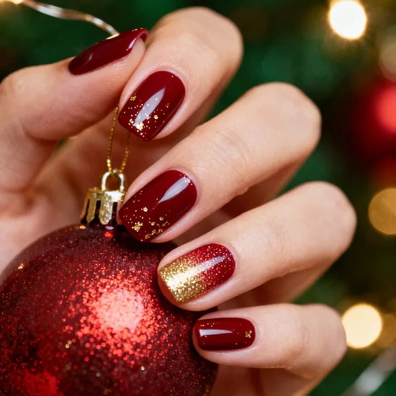24 pz. Unghie Finte Rosse Vino a Copertura Totale, Effetto Sfumato Lucido Dorato, Unghie Finte a Pressione Stile Ballerina, Unghie Finte Corte Quadrate, Unghie Finte Indossabili