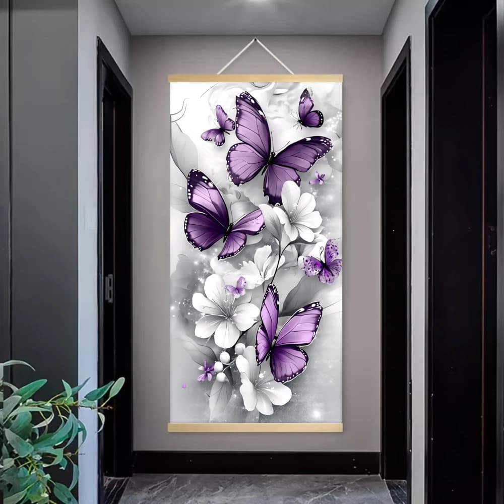 1pc Modern Abstract Purple Butterfly White Flower Wood Scroll Canvas Poster Prints Vibrant Purple Butterflies on Gray Background