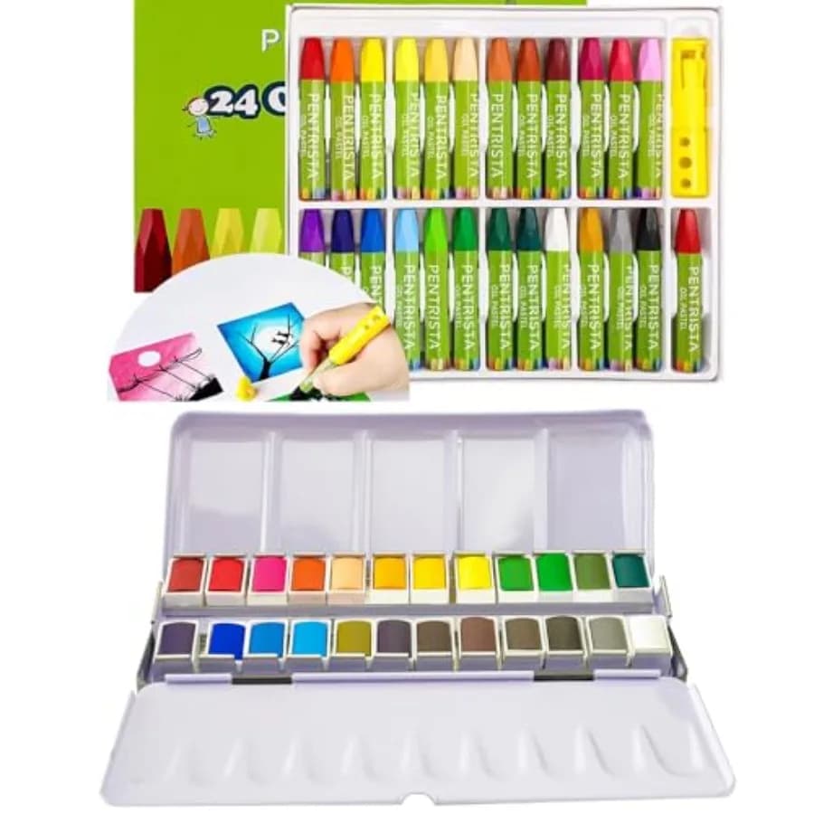 Oil Pastels, Watercolor Paint Set with Refillable Water Brush Pen, Solid Watercolor Half Pans in Tin Box Art Pigment Kit Perfec