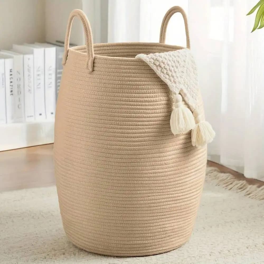 Black Beige Woven Storage Basket, Cotton Rope Laundry Hamper With Handles, Large Decorative Organizer For